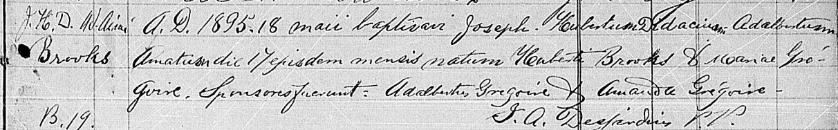 St John The Baptist Catholic Church BAPTISM RECORD for Aimé (Hubert) Brooks